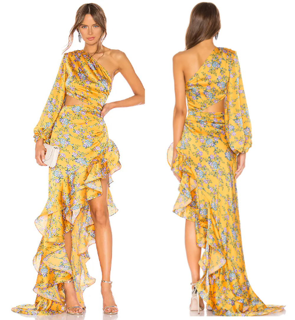 NWT Bronx & Banco Hanna Floral One Shoulder Ruffle Trim Maxi Dress Yellow Small